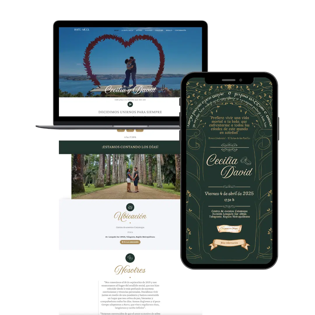 Invitación digital de matrimonio en laptop y celular con diseño personalizado — Invite-me