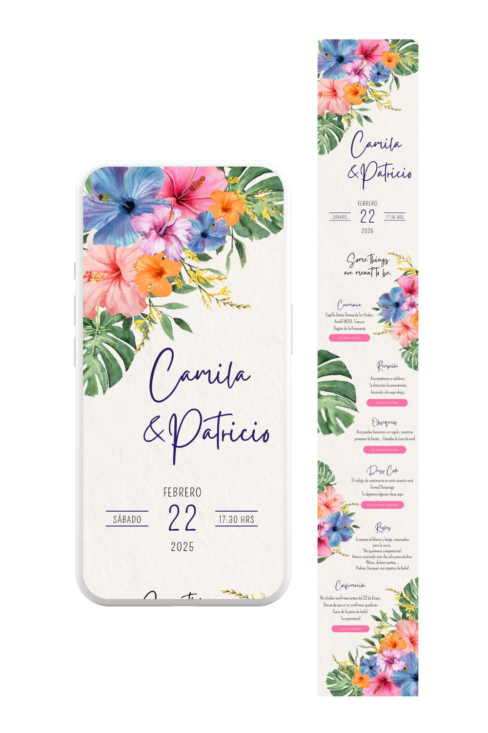 Parte de matrimonio digital tropical con flores exóticas y hojas de monstera. Diseño alegre ideal para WhatsApp. De invite me.