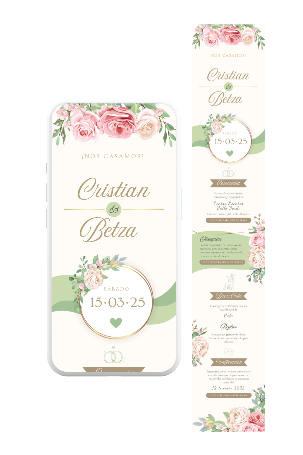 Parte de matrimonio digital floral con rosas en tonos pastel y fondo marfil. Estilo elegante y romántico. De invite me.