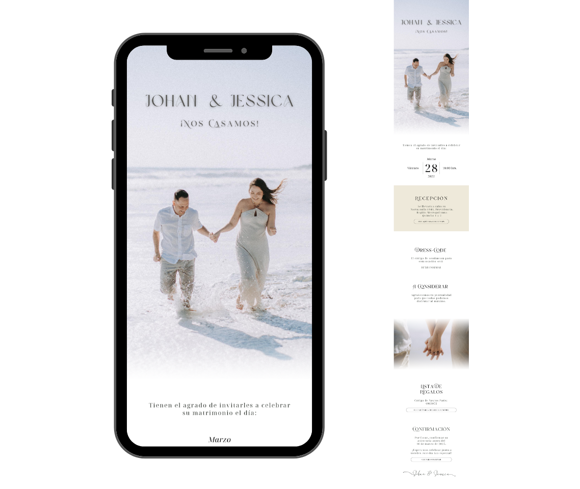 Parte de matrimonio digital con foto de los novios en entorno natural y arquitectura clásica. Estilo personalizado y elegante. De invite me.