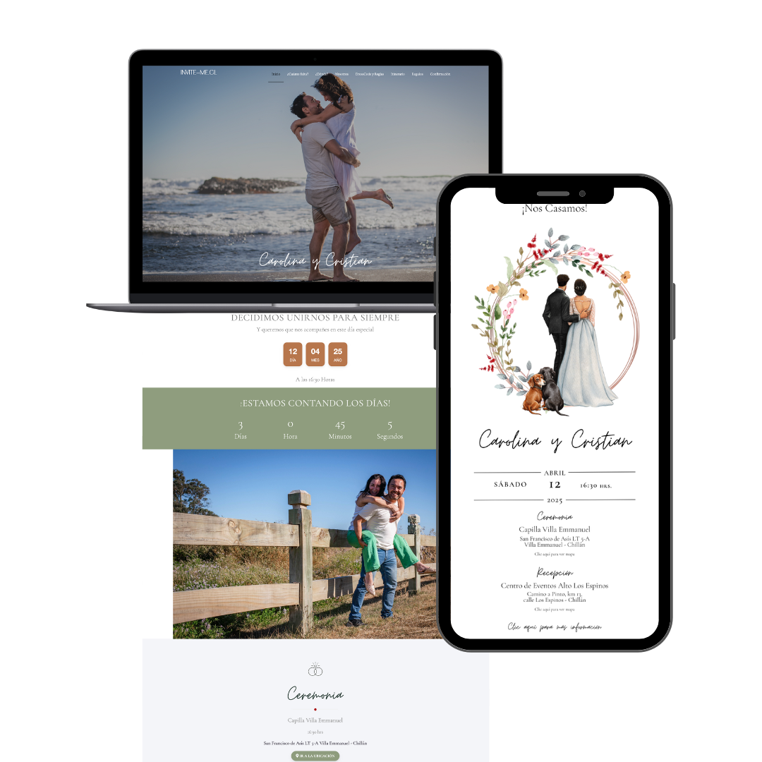 Invitación de matrimonio en PDF y web con plantilla prediseñada floral – Plan Diamante de Invite Me Chile