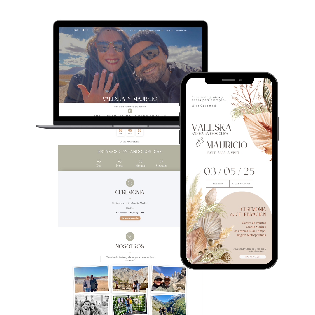 Invitación de matrimonio digital personalizada en PDF y web con diseño profesional – Plan Platino de Invite Me Chile